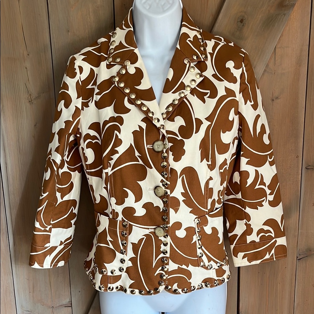 Etcetera Brown and Cream Floral Blazer with Gold Stud Accents